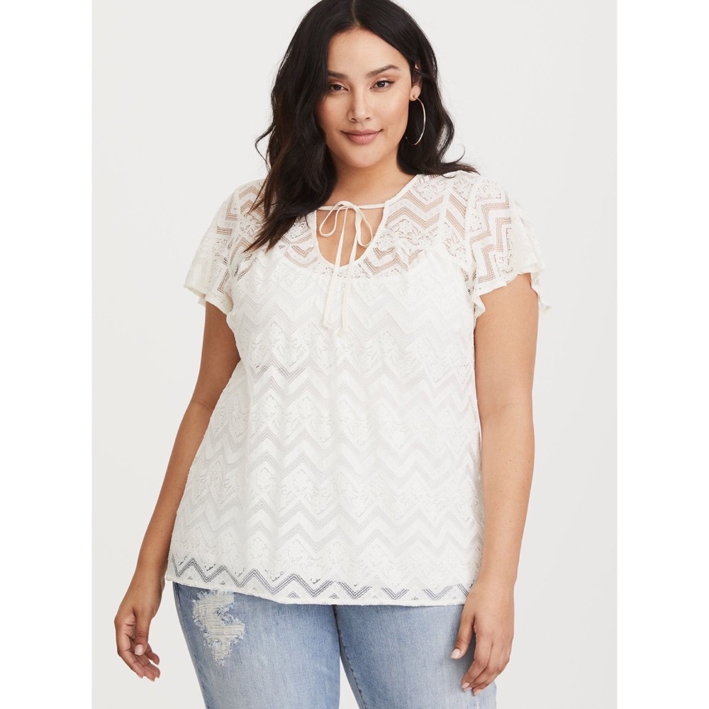 Torrid Size 2 (Plus) White Sheer Lace Tie Neck Blouse